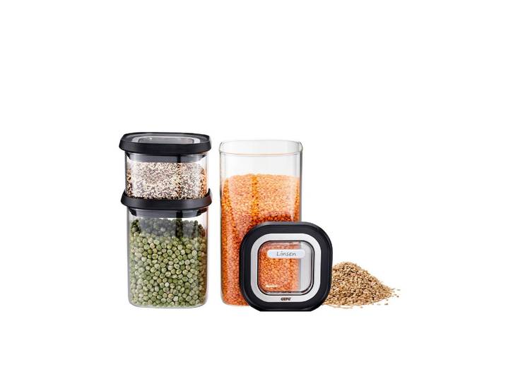 Vorratsglas GEFU PANTRY , schwarz (transparent), B:11cm L:11cm, Borosilikatglas, Kunststoff, Lebensmittelaufbewahrungsbehälter, Vorratsglas, Stapelbar, luftdicht, transparent, platzsparend
