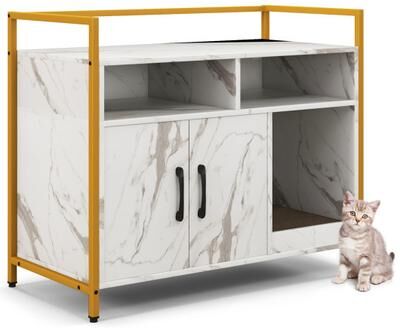 Costway Hidden Cat Washroom with Double Doors and Scratch Cardboard-White