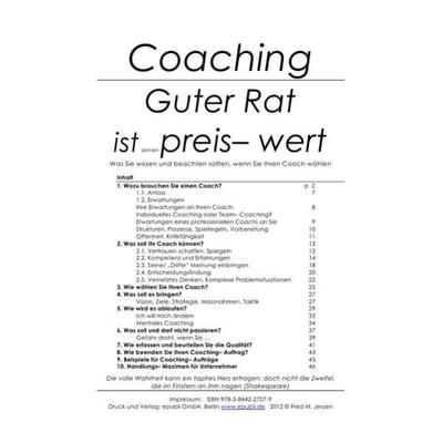 Coaching: Guter Rat ist seinen Preis- wert, Taschenbuch von Fred Jessen, Epubli, 978-3-8442-2707-9