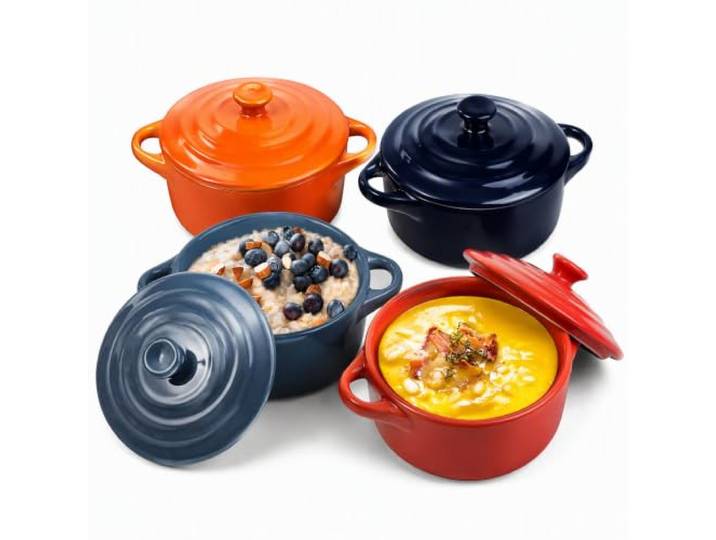 Jucoan Auflaufförmchen aus Porzellan mit Deckel und Griffen, ofenfest, 237 ml, runde Auflaufförmchen, Souffle, Creme Brûlée, Puddingform, einzelne Portionen, Mini-Auflaufform, 4 Farben, 4 Stück