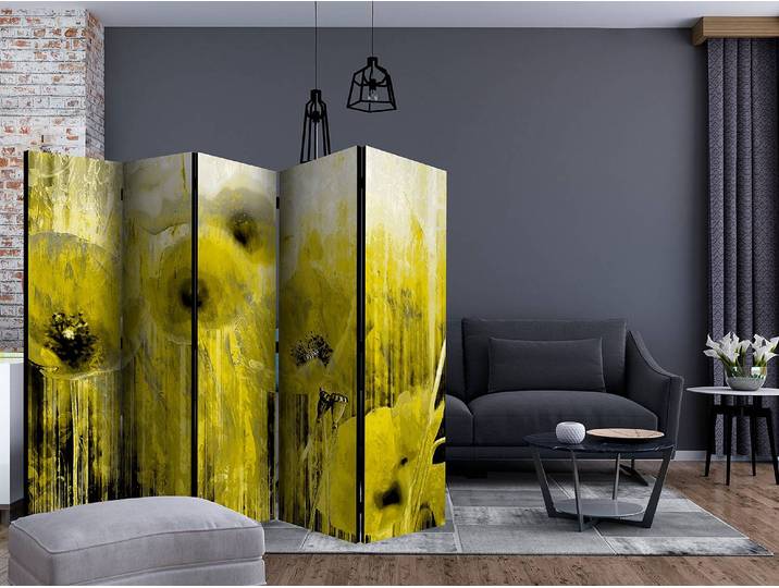 Paravent Yellow Madness II 5 élém. Intissé en pin massif, naturel Jaune 225 x 172cm