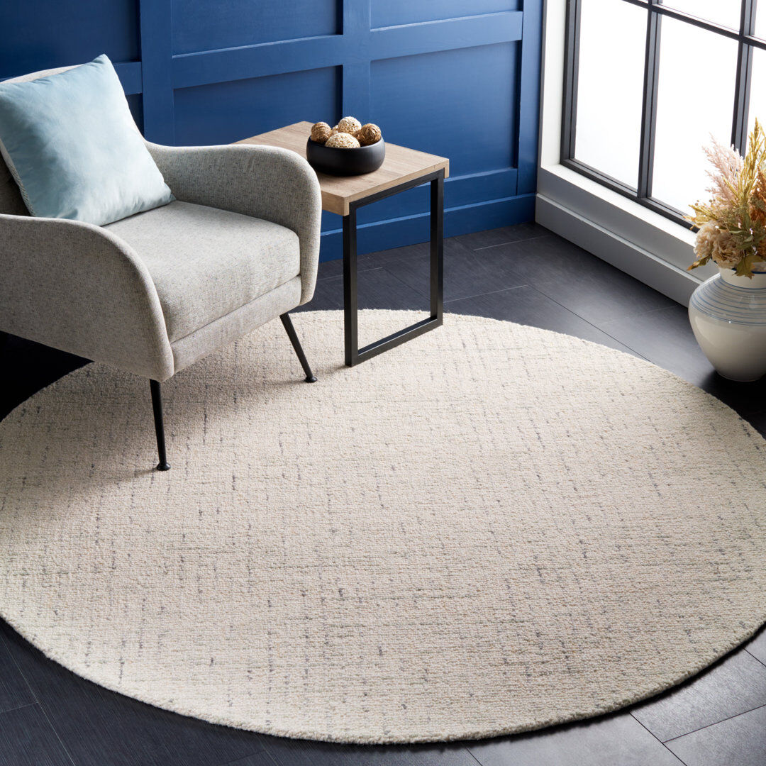 Ebern Designs Rheuben Striped Wool Hand Tufted Area Rug Ivory Round 122 cm