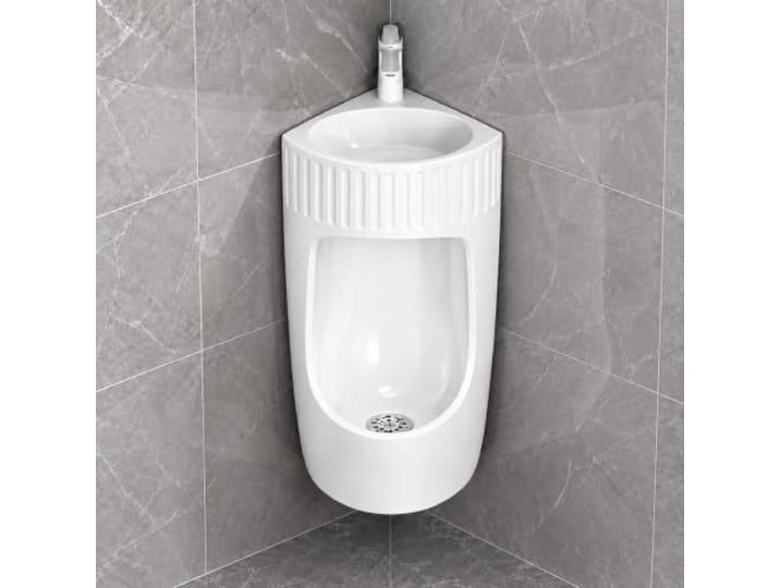 2-in-1 Eckurinal mit Handwaschbecken, Keramik Urinal für Herren Platzsparendes Design mit Armatur, Pflegeleichte Keramikglasur(white)