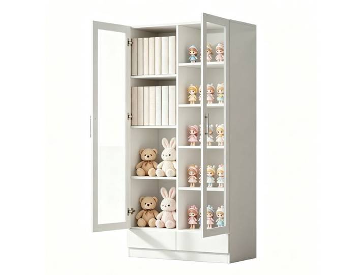 Armoire vitrée pour dossiers et figurines de bureau haute rangement 2 tiroirs blanche 80×40×160 cm