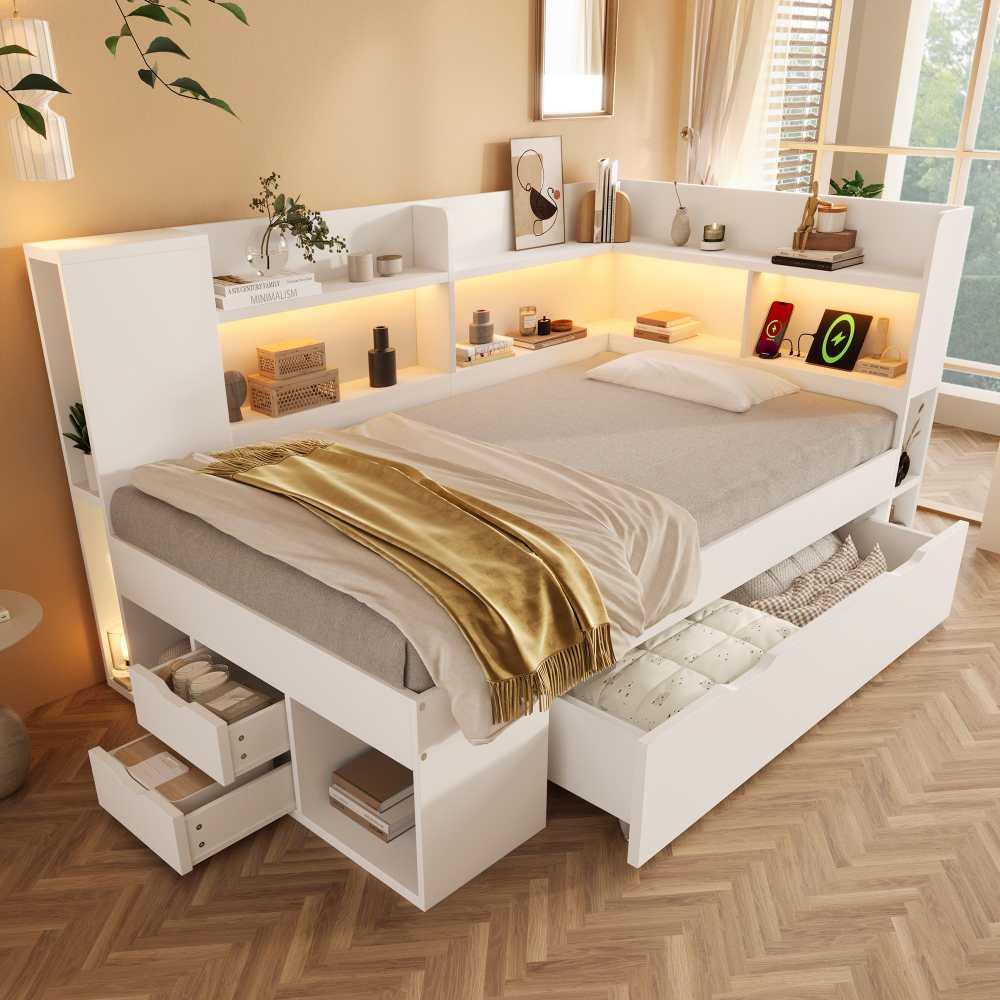 Funktions-Einzelbett mit LED, USB & Typ-C, Stauraum, Regale, Schubladen & Lattenrost. Ideal für Jugendliche,Weiß,90x200 cm.