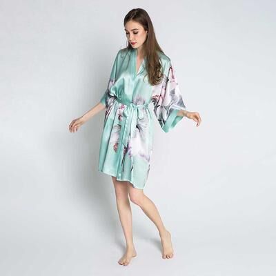 KIM + ONO Kuren Silk Short Kimono Robe - Crane & Flowers   KIM+ONO - sage / one size