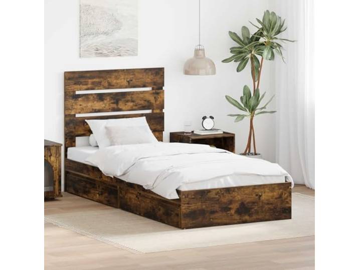 RJPLMFV Aufbewahrungsbett, 70 x 190 cm, Raucheiche Integrierte Schubladen, elegantes Kopfteil, Lattenrost inklusive, einfache Montage