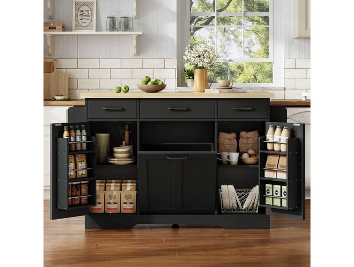 STILVORA Kücheninsel mobil mit klappbarer Arbeitsplatte, Küchenwagen mit Stauraumschrank und Müllschrank, Buffetschrank mit Gewürzregal, Schublade und Rollen