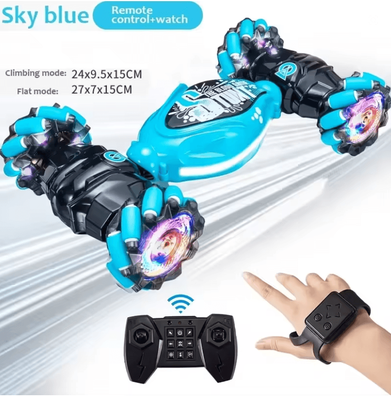 Inspire Essentials 4WD Gesture Control Stunt Car Remote Twist & Drift Toy With LED Lights remote Control And Watch blue