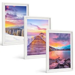 BILDER SET 3er Set - 40x60 cm Weißer Rahmen - Winterliche Bergseelandschaft