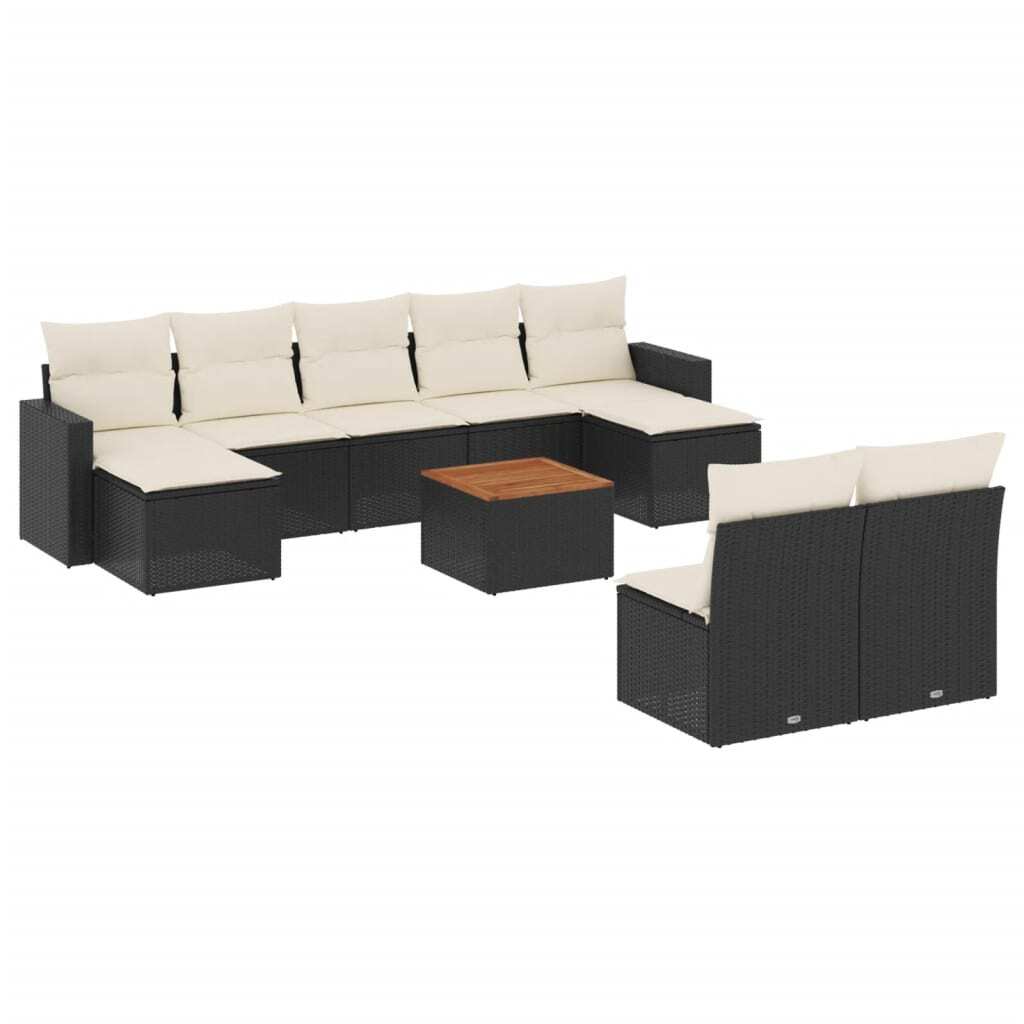 Modulare Garten-Sofagarnitur 10-tlg., Loungeset für Terrasse & Balkon, aus Poly Rattan & Akazienholz, mit cremeweißen Kissen, UV-beständig, Schwarz