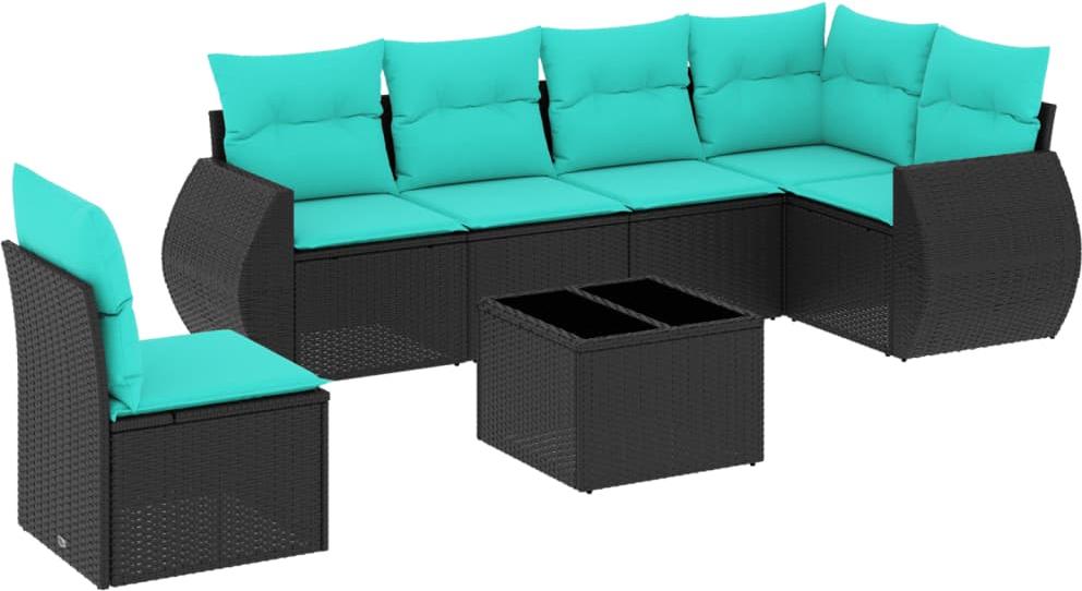 7-teiliges Gartensofa-Set mit Kissen, schwarzes Polyrattan