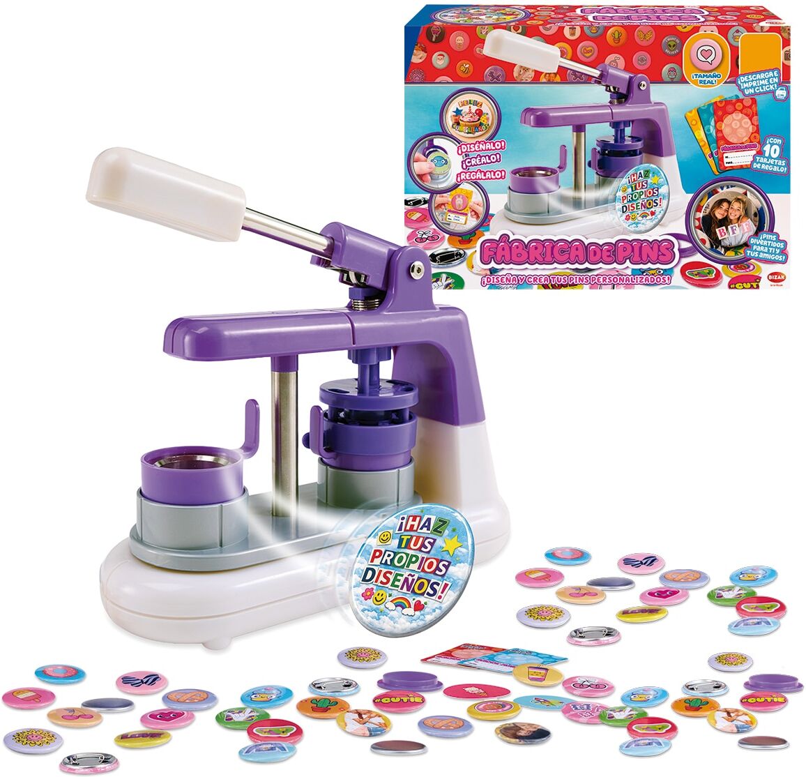 Bizak Juego de manualidades Fabrica de pins con moldes para pins, llaveros y clips .
