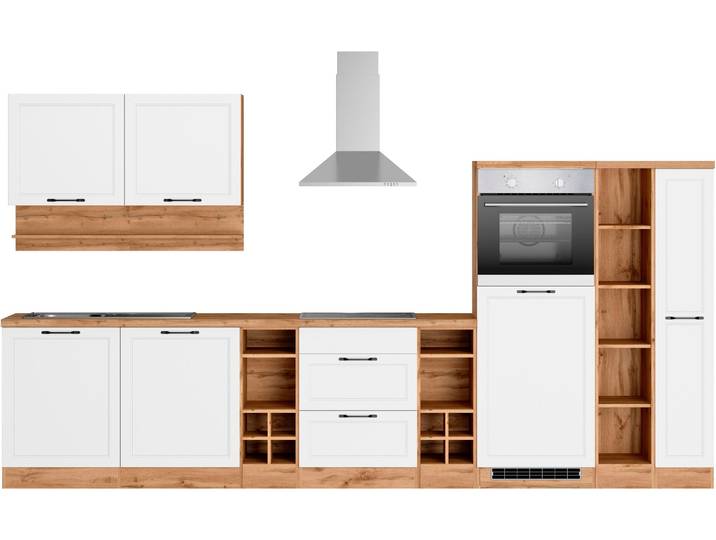 Küchenzeile, Weiß & Wotaneichefarben, 360x200x60 cm, Holzwerkstoff, Mit Cerankochfeld, Modern