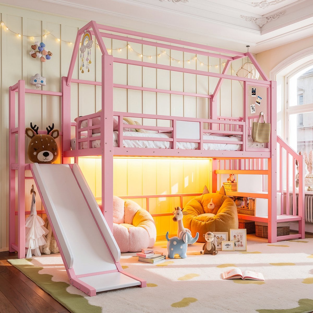Kinderhoogbed Huisvorm met Glijbaan, Trap en Opbergruimte, Roze Metaal, B/D/H: 90 x 200 cm