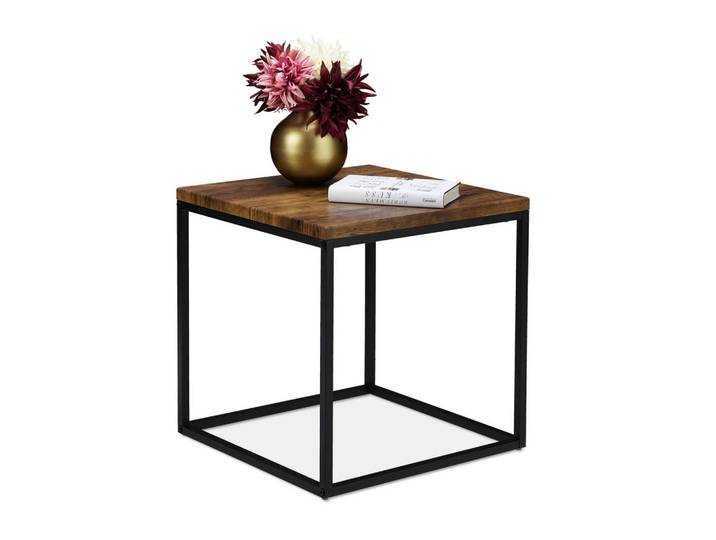 Relaxdays Beistelltisch Braun Schwarz Industrial Stahl, Mehrfarbig, Metall, 45x45x45 cm, Wohnzimmer, Wohnzimmertische, Beistelltische