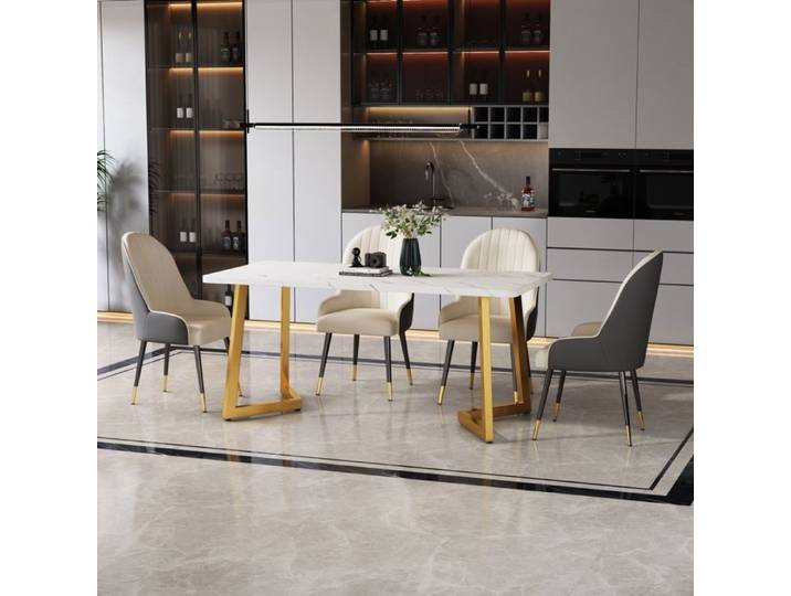 Table À Manger Rectangulaire De Luxe Blanche Légère Avec Cadre En Métal Salle À Manger Moderne Avec Pieds De Table Or 117x68cm