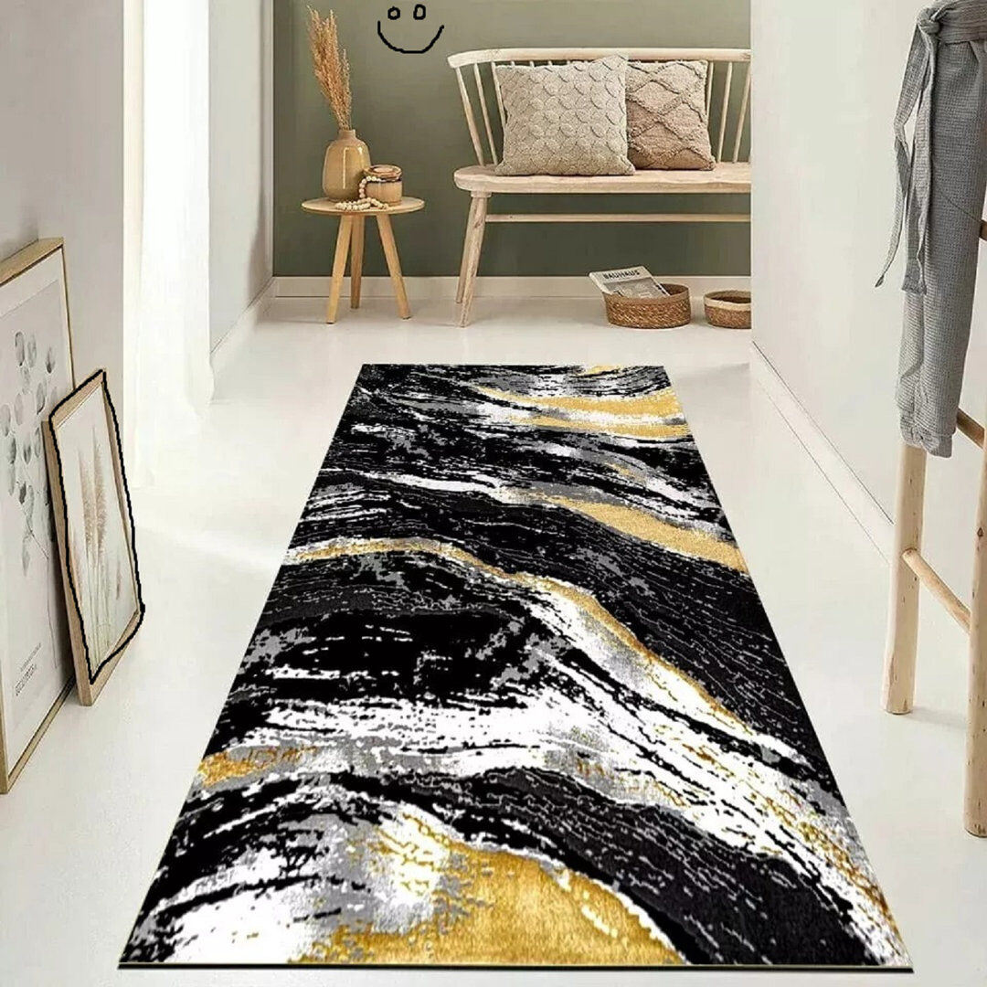 Canora Grey Abstract Shaggy Area Rug Black Round 120 cm
