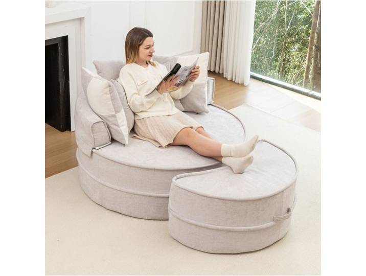 WOVREO Fauteuil rond 1 place avec ottomane gris en chenille 5 coussins sans montage