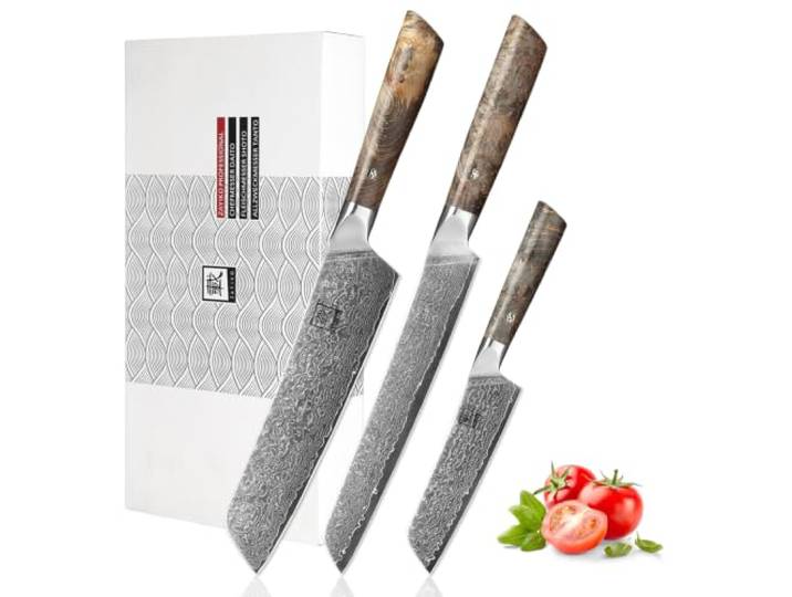 zayiko Professional Series 3er Damastmesser Set aus 67 Lagen Damaststahl Chefmesser, Fleischmesser & Allzweckmesser mit VG10-Kern, Ahornwurzelholzgriffen, beidseitigem 15° V-Schliff in edler Holzbox