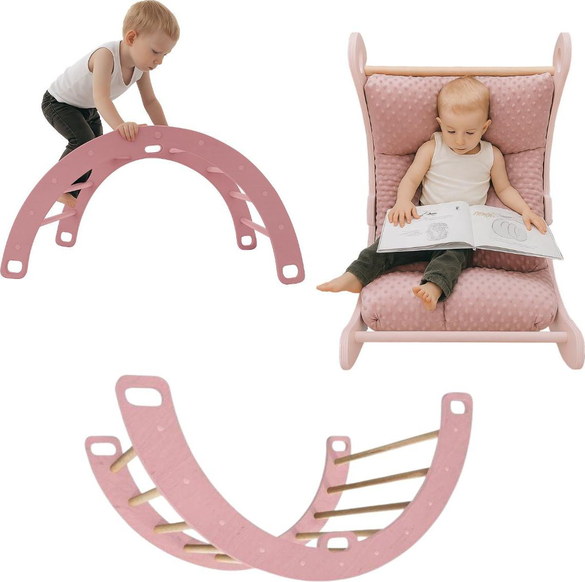 Monkey-Gym Montessori klimrek van hout in roze met schommelplank