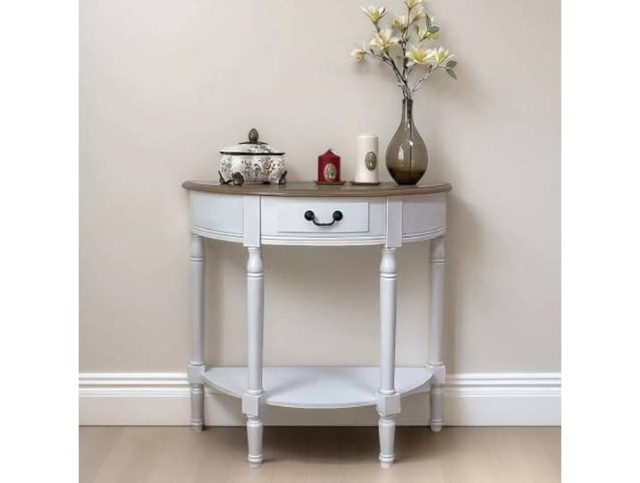 Massivholz halbmondförmiger Konsole Tisch, Vintage-Eingangstisch für Flur Natürliche Tanne, platzsparendes Halbmonddesign, 50KG Traglast, Doppelablage Flurkonsole Tisch(White)