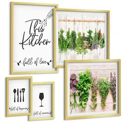 BILDER SET 5er Set - 50x50 cm & 20x30 cm & 40x60 cm Goldrahmen - Tisch aus Zitronenbaum