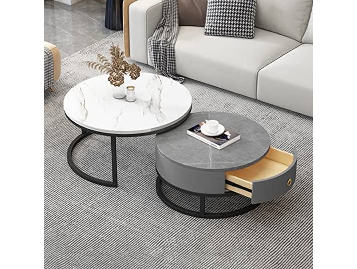 Runder Couchtisch 2er-Set, Beistelltisch-Set mit Schubladen, Sofatisch mit Schiefer-Marmor-Textur, Metallrahmen, moderner Teetisch für Schlafzimmer, Wohnzimmer, Möbel, Dekoration, multip