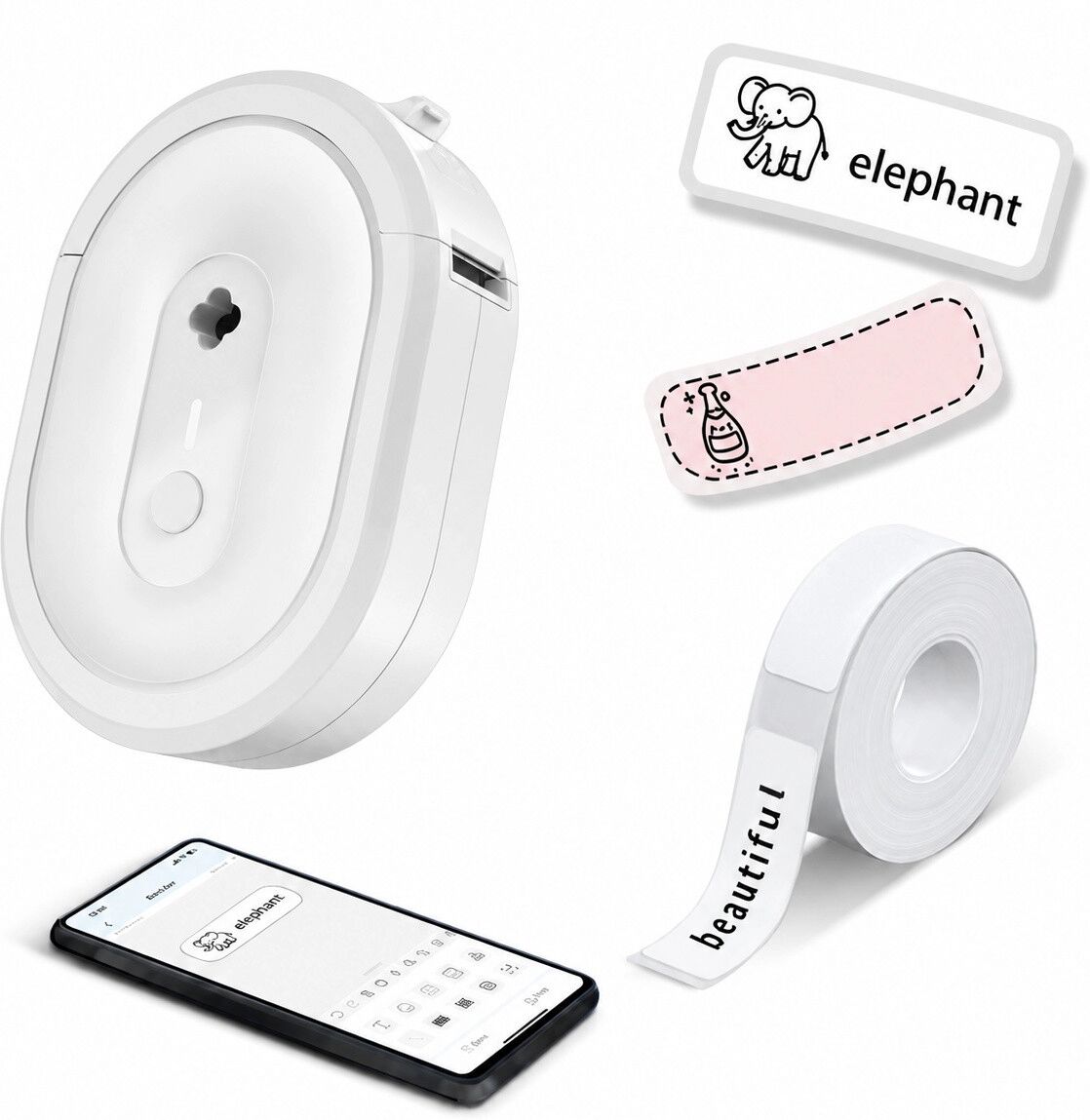INF N12 mobiler Bluetooth-Thermoetikettendrucker, kompakter ABS-Etikettierer ohne Tinte mit 1200-mAh-Akku Weiß