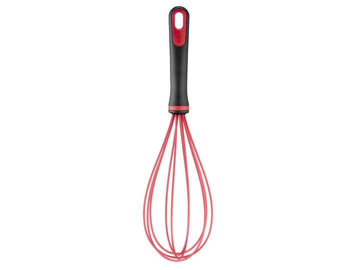 Schneebesen TEFAL Ingenio+ , rot (schwarz, rot), B:6,9cm H:6,9cm, Kunststoff, Silikon, Schneebesen, Schneebesen, Silikon-Sicherheitsring, hitzebeständig - 230C, spülmaschinenfest