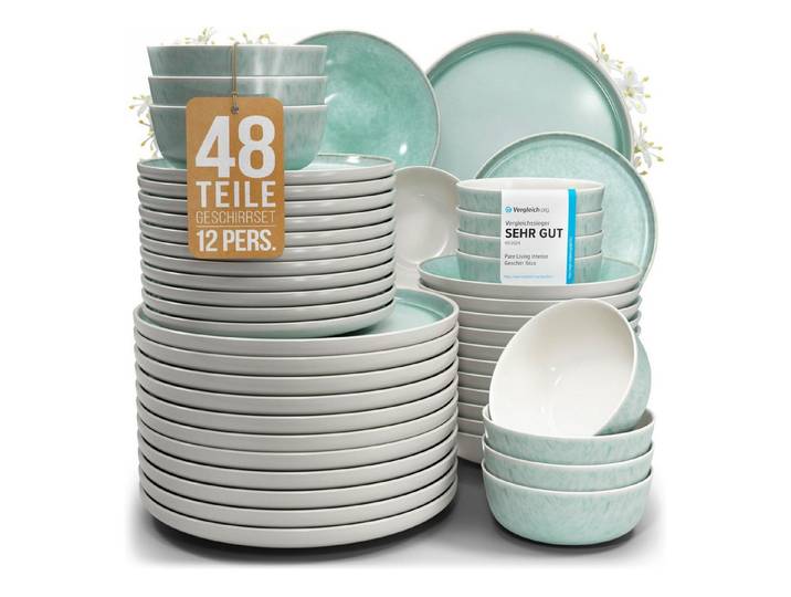 PURE LIVING INTERIOR DESIGN Geschirr-Set Steingut Geschirrset 12 Personen Ibiza 48 tlg. TESTSIEGER, Traumhaftes (48-tlg), 12 Personen, Steingut, Mediterrane Handwerksoptik, Reaktive Glasur – jedes Stück einzigartig…