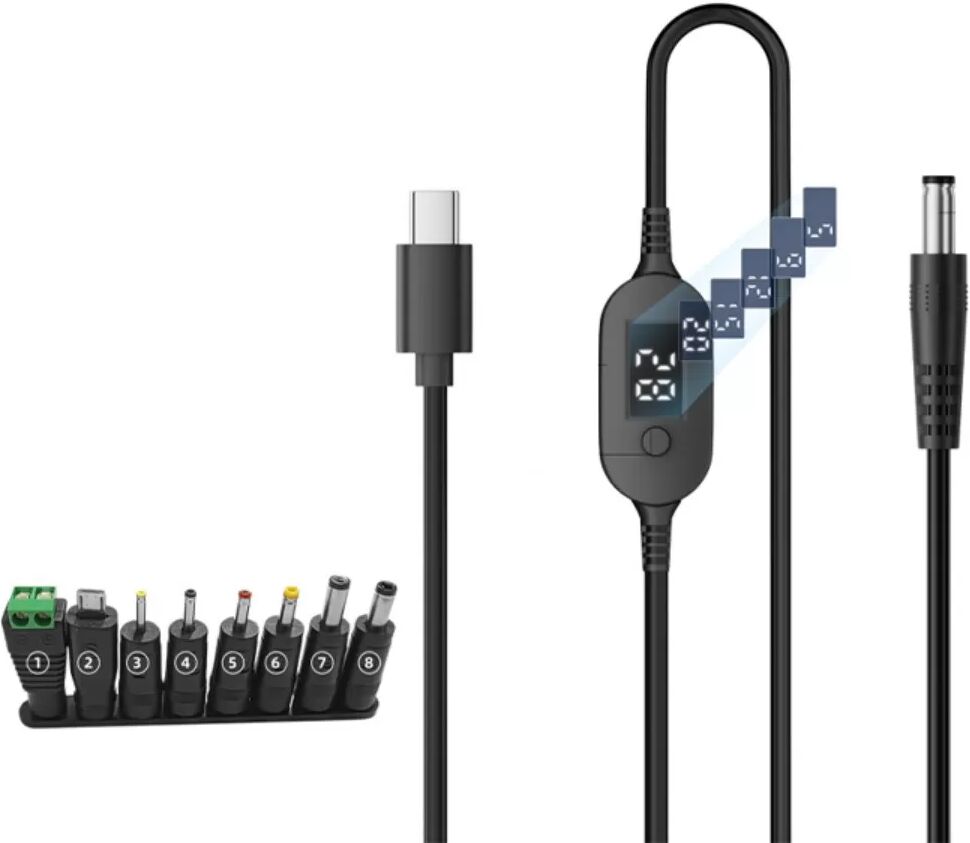 INF 1m einstellbares Type-C-zu-DC-Kabel mit digitaler Spannungsanzeige, 6-stufig, 8-in-1 grüne Gummi-DC-Adapter, PD3.1 140W