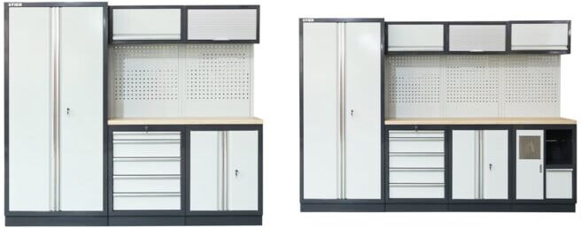 Set STIER Werkstatteinrichtung Basic 3-teilig mit Lochwand und Multiplex-Arbeitsplatte BxTxH 2275x460x2000mm + Werkstatteinrichtung Basic 4-teilig mit Lochwand und Multiplex-Arbeitsplatte BxTxH 2955x460x2000mm