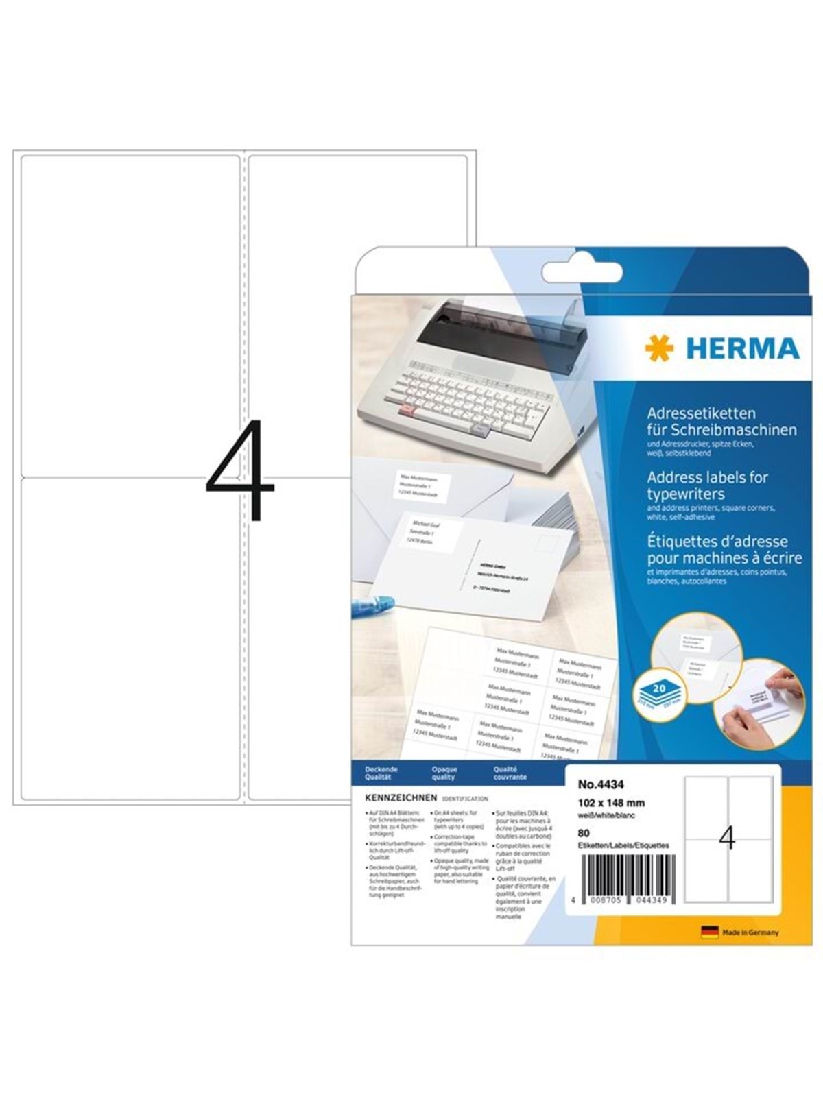 HERMA Adressetiketten für Schreibmaschinen, A4, 102 x 148 mm, weiß, permanent haftend