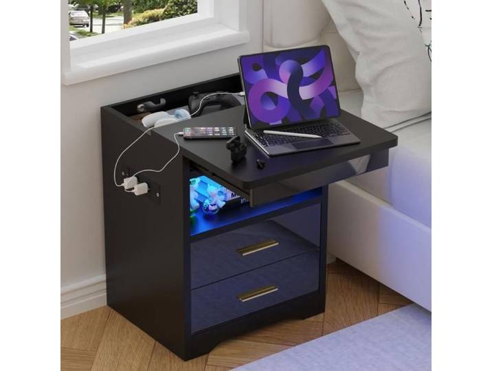 LVHCMFOHM Table de chevet Verrouillable - Table de Nuit avec LED/Prise - 2 tiroirs/Étagère Ouvert - 44x39x58cm - Noir