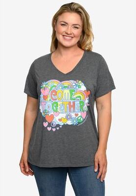 Plus Size Women's Beatles Come Together V-Neck T-Shirt Band Tee Heather Charcoal by Disney in Charcoal Grey (Size 4X (26-28))