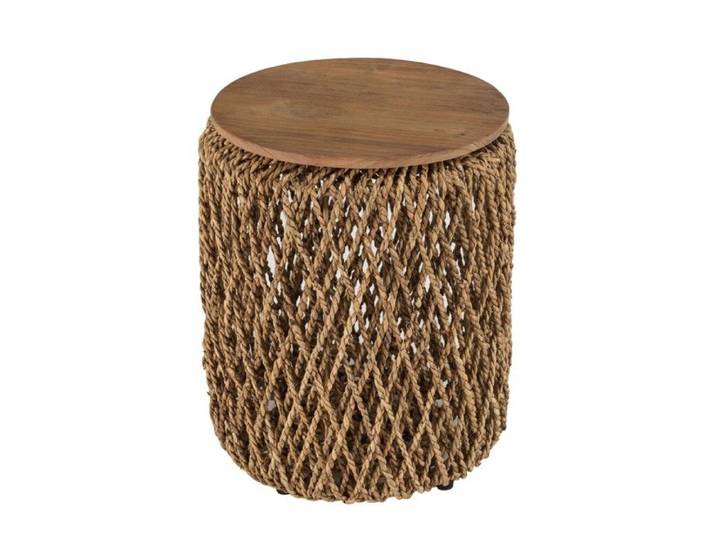 MACABANE SIXTINE - Table d'appoint ronde diam40 rotin plateau bois teck recyclé