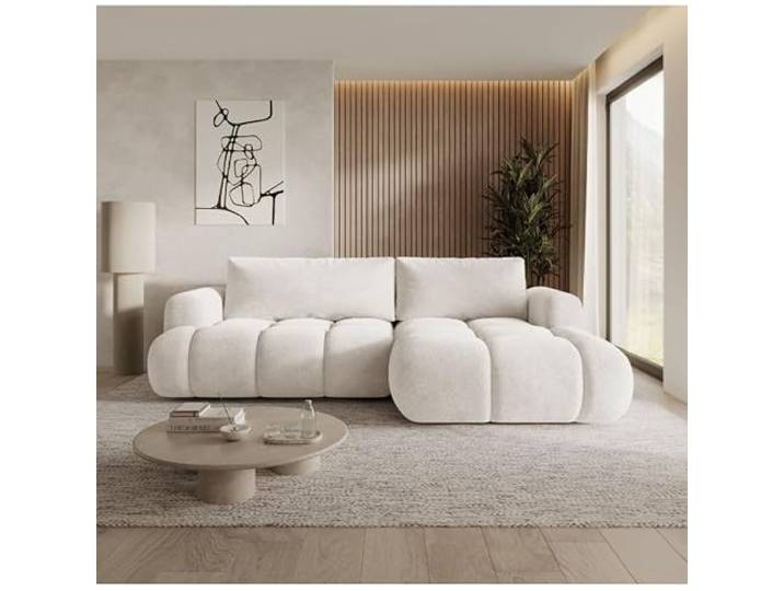 Dekori Möbel Morello Ecksofa aus Bouclé, mit Schlaffunktion und Bettkasten, Wolkenform - Weiß/Rechts