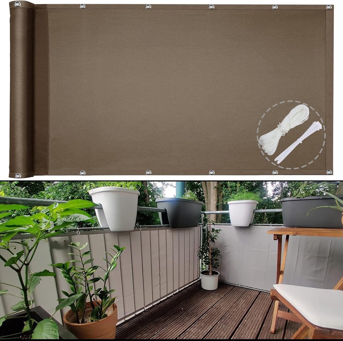 Waterdicht en windbestendig balkonscherm in koffiekleur - 75 x 500 cm