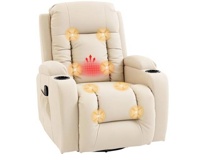 HOMCOM Relaxsessel Verstellbar mit Liegefunktion Heizung Cremeweiß Massagesessel, Drehbar Fernsehsessel mit Wippfunktion, Becherhalter, Seitentasche, Timer, Kunstleder, für Wohnzimmer
