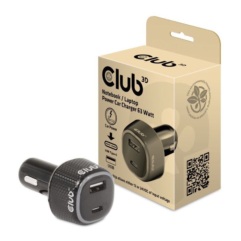 Club3D USB KFZ-Ladegerät 1xUSB C, 1xUSB A, 63W, 12/24V retail