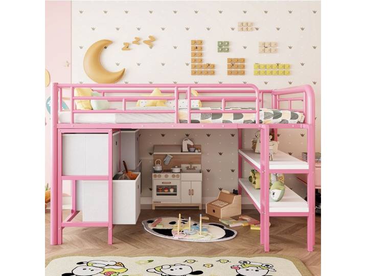 lit chambre enfant 90x200 rangement mezzanine metal rose avec tiroirs et etageres EVRYAE