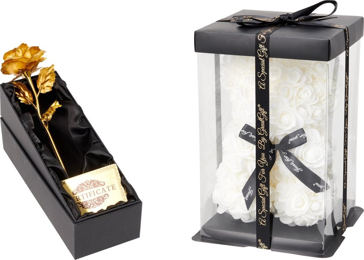 GreatGift Gouden Roos met Witte Rozen Beer Luxe Bloemcadeau
