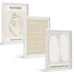 BILDER SET 3er Set - 40x60 cm Weißer Rahmen - Linien, Formen, Beige, Weiß