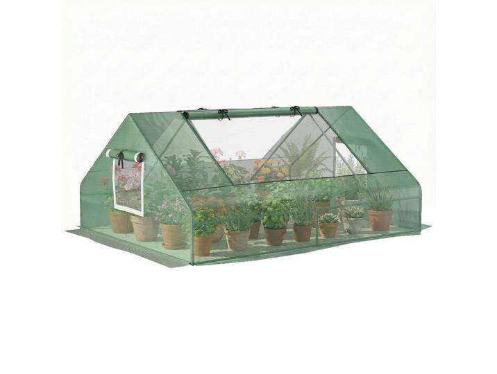 ComfortXL Gewächshaus De-12067 mit Spitzdach & 2 großen Fenstern Dunkelgrün, Kunststoff, 140x80x180 cm, Gartenzubehör, Gartenhäuser & Gewächshäuser