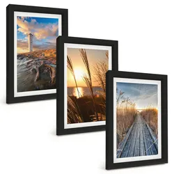 BILDER SET 3er Set - 20x30 cm Schwarzer Rahmen - Leuchtturm-Grassteg