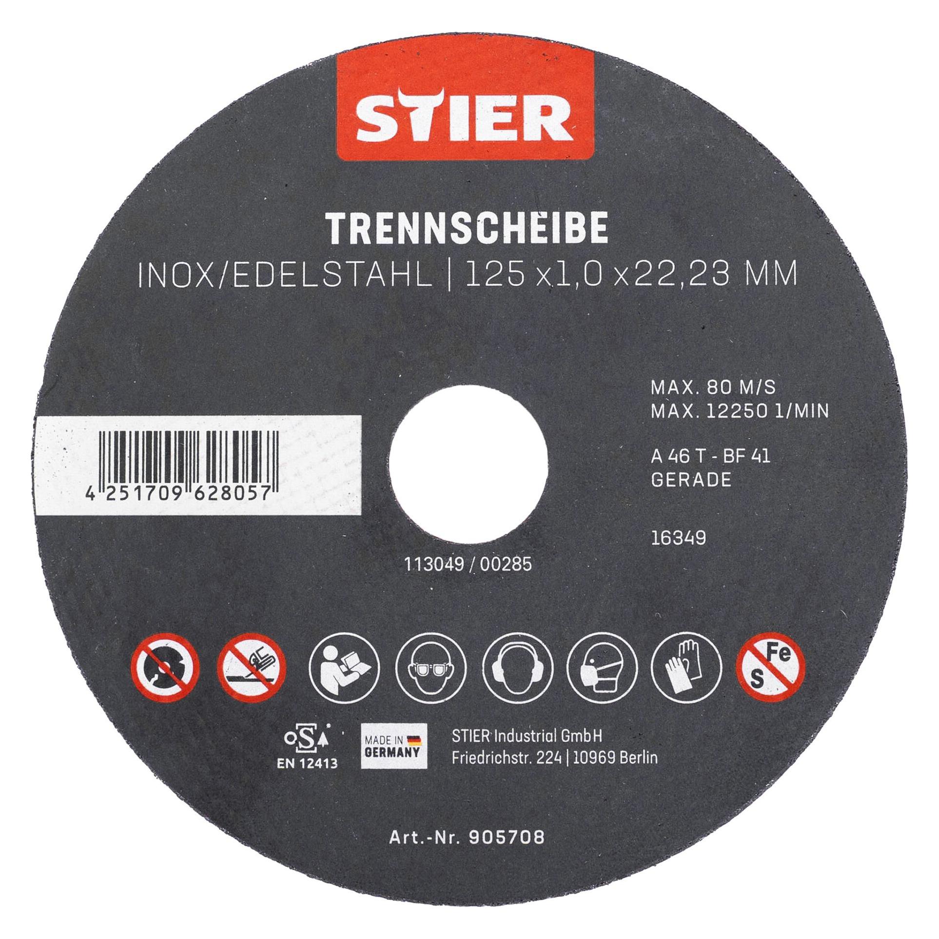 Stier Trennscheibe Edelstahl 125 x 1,0 x 22,23 mm, Form gerade (53713730)