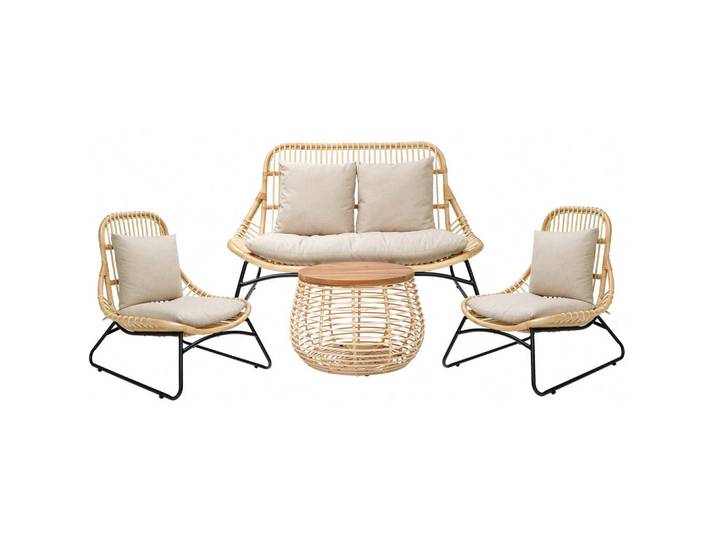 Livetastic Rattan-Sitzgarnitur, Natur, Metall, 4-teilig, Rattan,Teakholz, Hartholz, Füllung: Schaumstoff, Wohnzimmer, Sofas & Couches, Sitzgarnituren