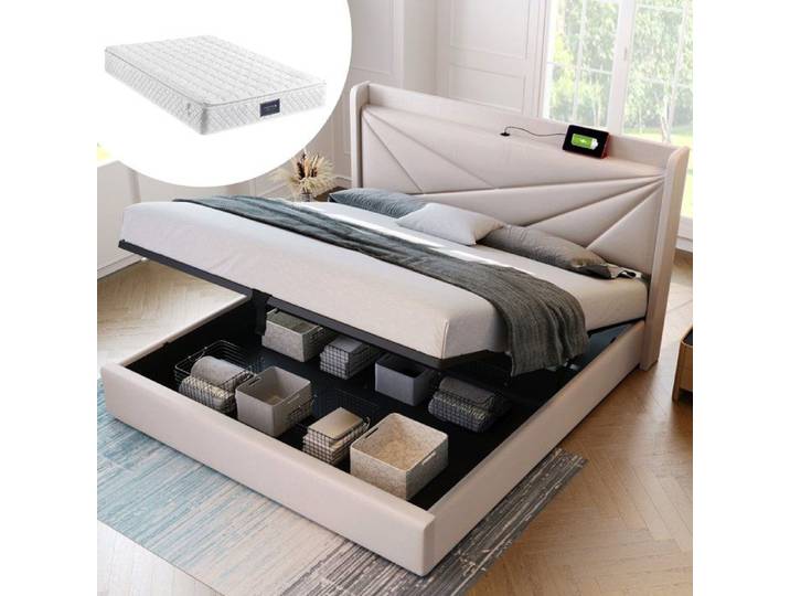 Lit Coffre Double 160x200cm Beige - A lattes - Contemporain - Design
