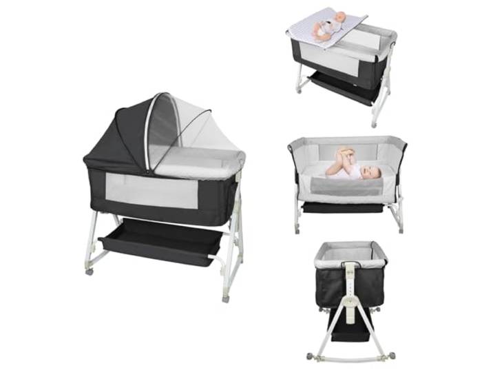 homewell 3 in 1 Beistellbett Baby mit Wickeltisch, Bett Bassinet/Babybett/Babywiege, Zustellbett 6 Fach Höhenverstellung und Neigungsverstellung, 90 * 50*(98-110) cm (Schwarz)